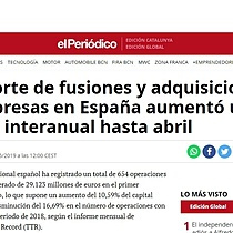 El importe de fusiones y adquisiciones de empresas en Espaa aument un 10,59% interanual hasta abril